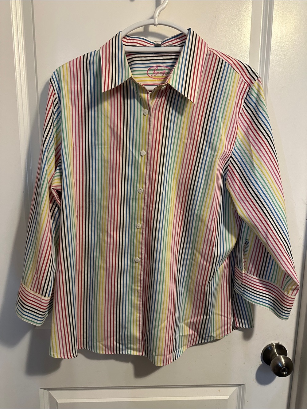 Foxcroft Pastel Striped Button-Up Shirt with Pink Logo